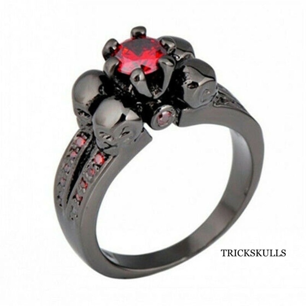 Four Skull Black Anodized Red Cubic Zirconia Gothic Metal Punk Ring Szs 6 8 9 10